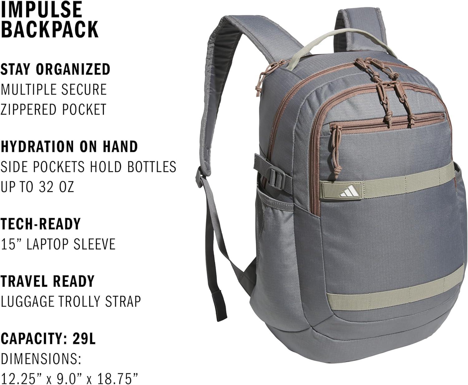imageadidas Impulse Backpack sport bag for men and women durable and lightweightGrey FourTrace Brown
