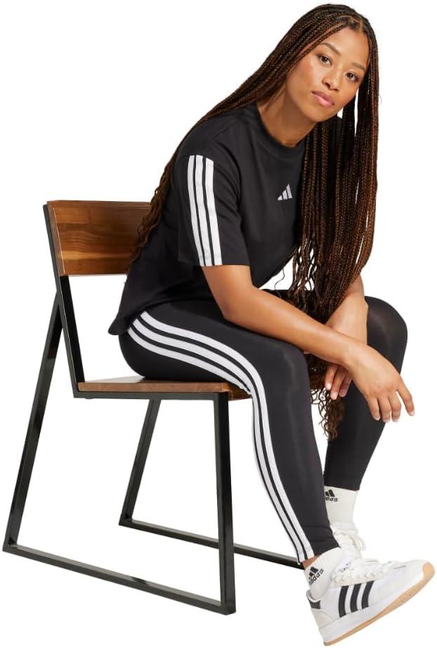 imageadidas Womens Essentials 3Stripes Cotton LeggingsBlackWhite