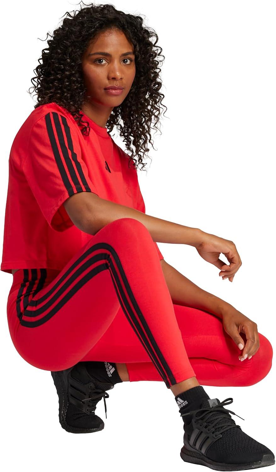 imageadidas Womens Essentials 3Stripes Cotton LeggingsPure RubyBlack