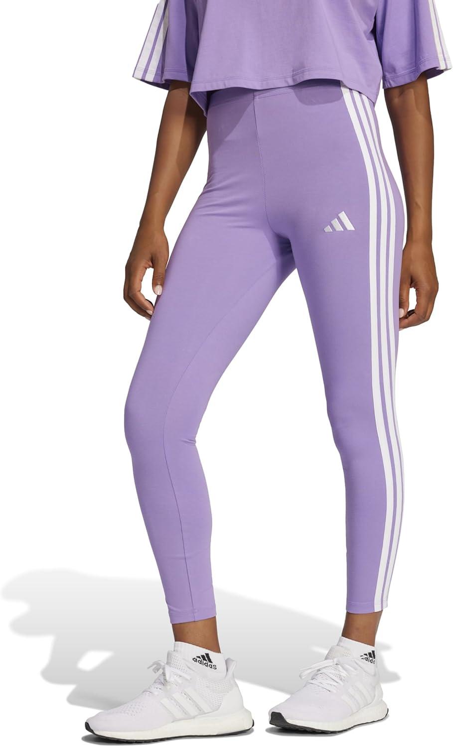 imageadidas Womens Essentials 3Stripes Cotton LeggingsViolet FusionWhite