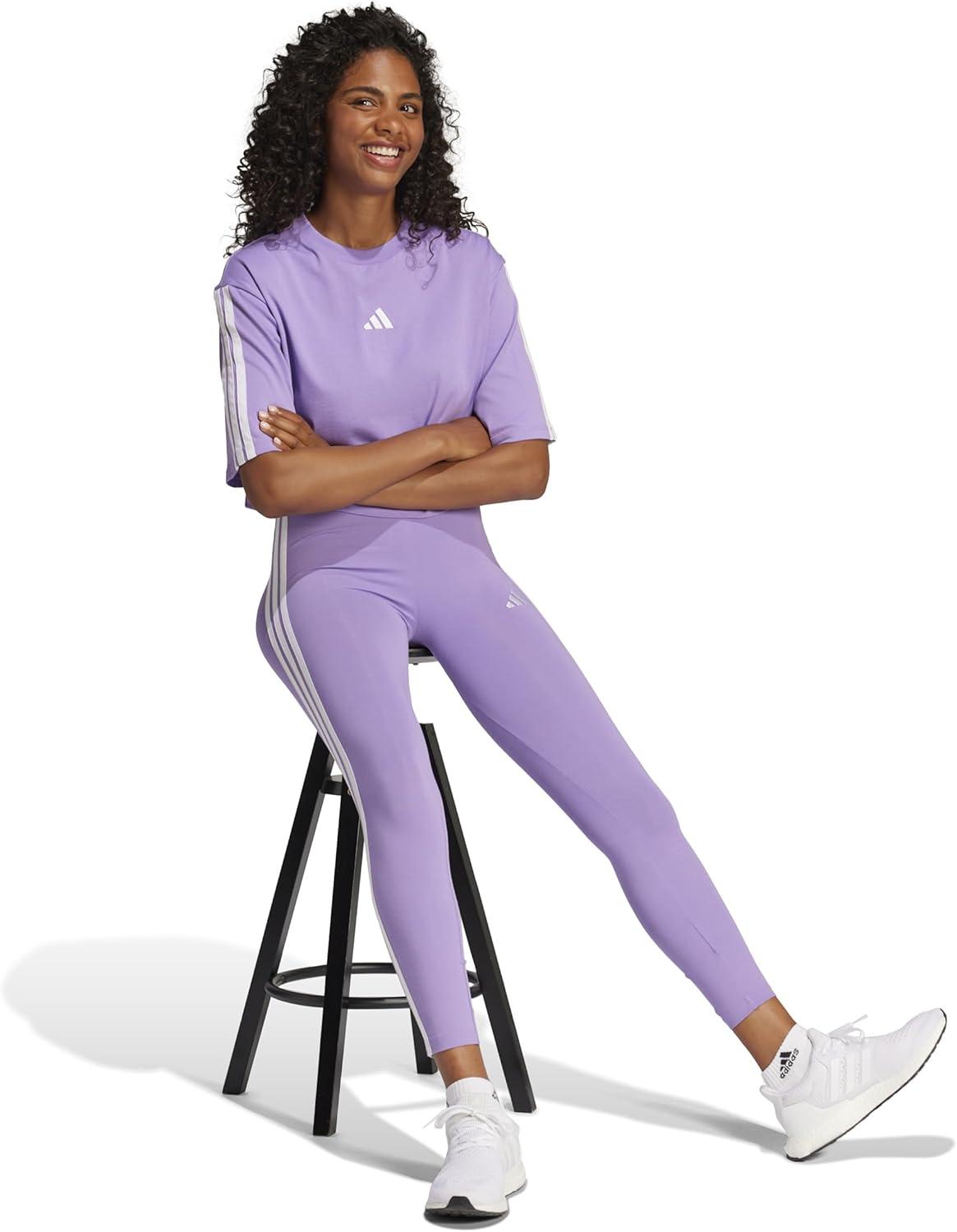 imageadidas Womens Essentials 3Stripes Cotton LeggingsViolet FusionWhite