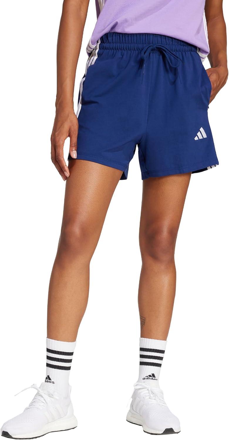 imageadidas Womens Essentials 3Stripes Cotton ShortsDark BlueWhite