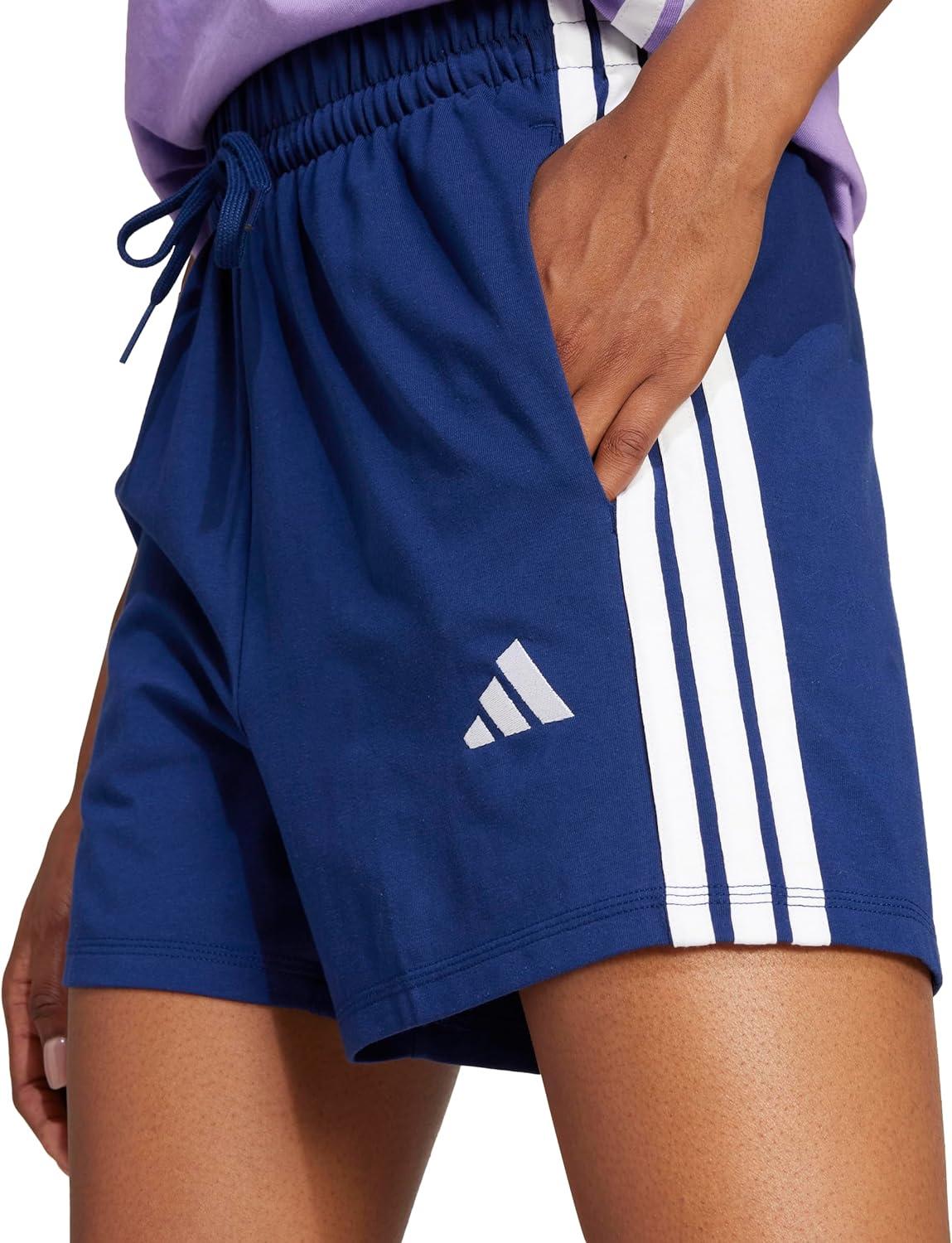 imageadidas Womens Essentials 3Stripes Cotton ShortsDark BlueWhite