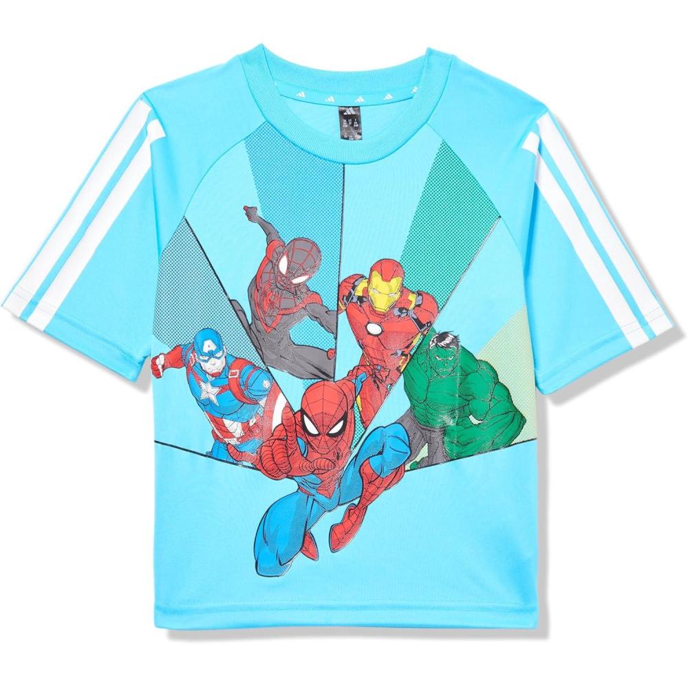 imageadidas Boys Marvel SpiderMan TShirtBright CyanWhiteMulticolor