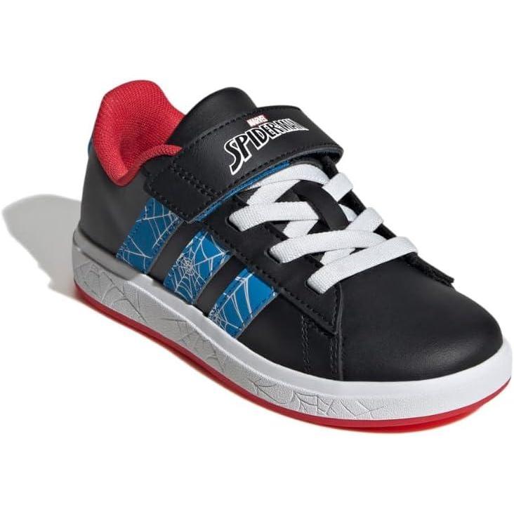 imageadidas UnisexChild Marvel Grand Court Elastic Lace ampamp Strap SneakerSpidermanBlackBright BluePure Ruby