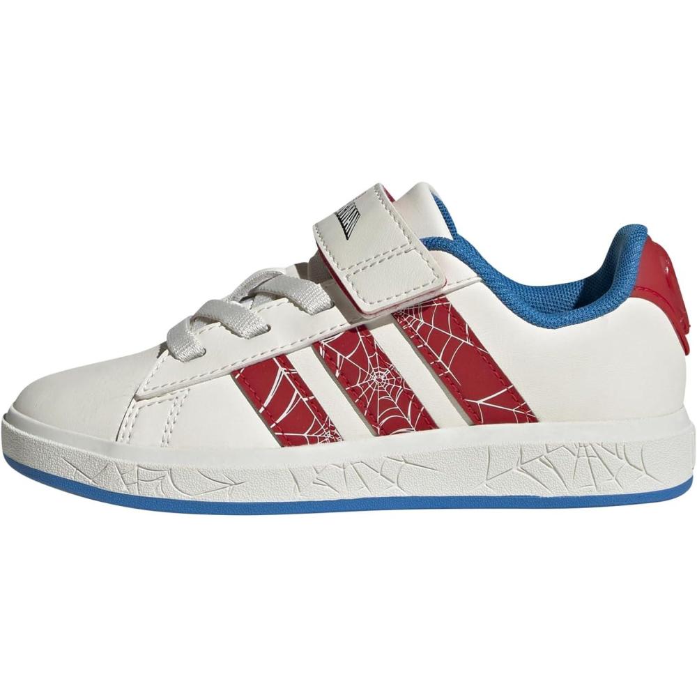 imageadidas UnisexChild Marvel Grand Court Elastic Lace ampamp Strap SneakerSpidermanCloud WhitePure RubyBright Blue