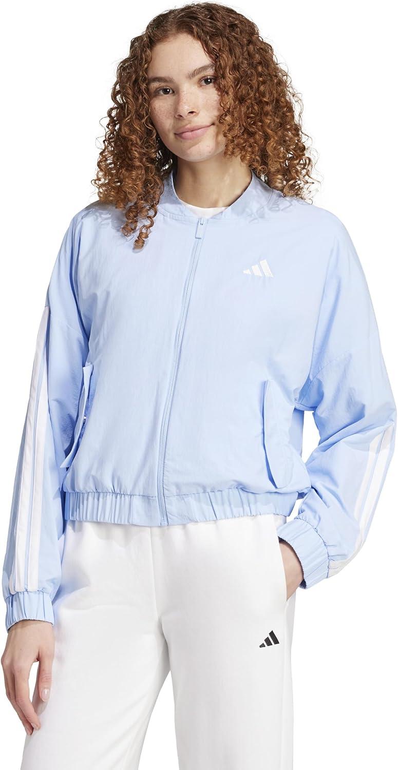 imageadidas Womens Essentials 3Stripes Woven Bomber JacketBlueWhite