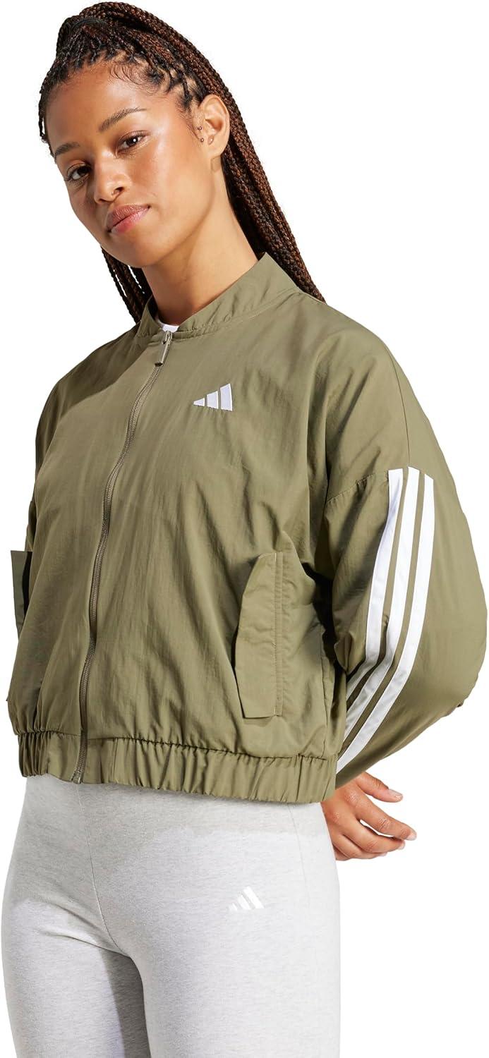 imageadidas Womens Essentials 3Stripes Woven Bomber JacketOlive StrataWhite