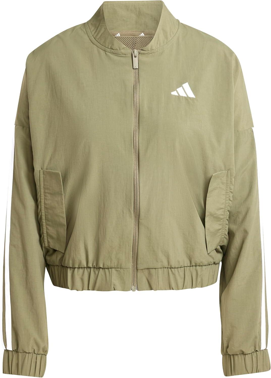 imageadidas Womens Essentials 3Stripes Woven Bomber JacketOlive StrataWhite