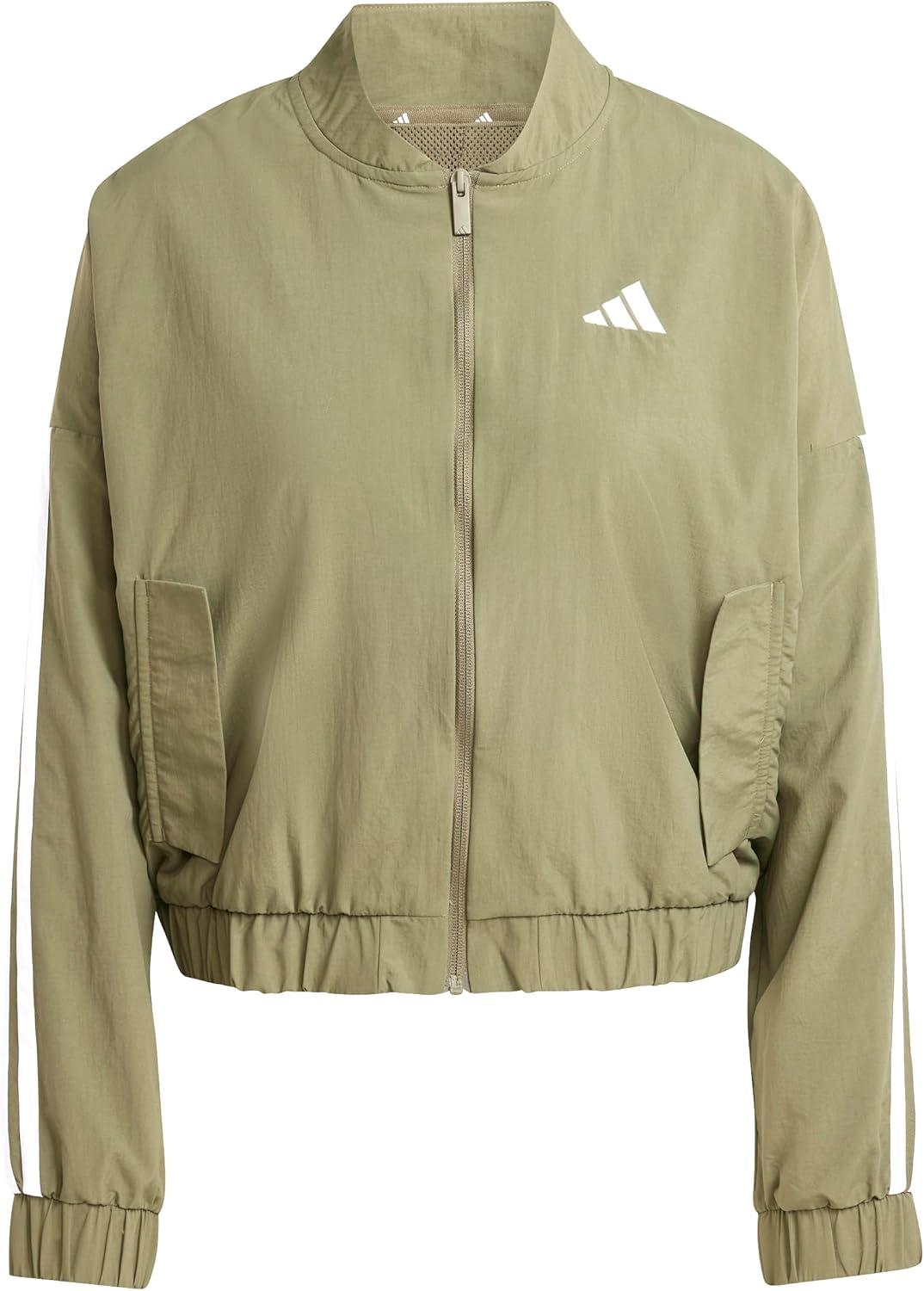 imageadidas Womens Essentials 3Stripes Woven Bomber JacketOlive StrataWhite