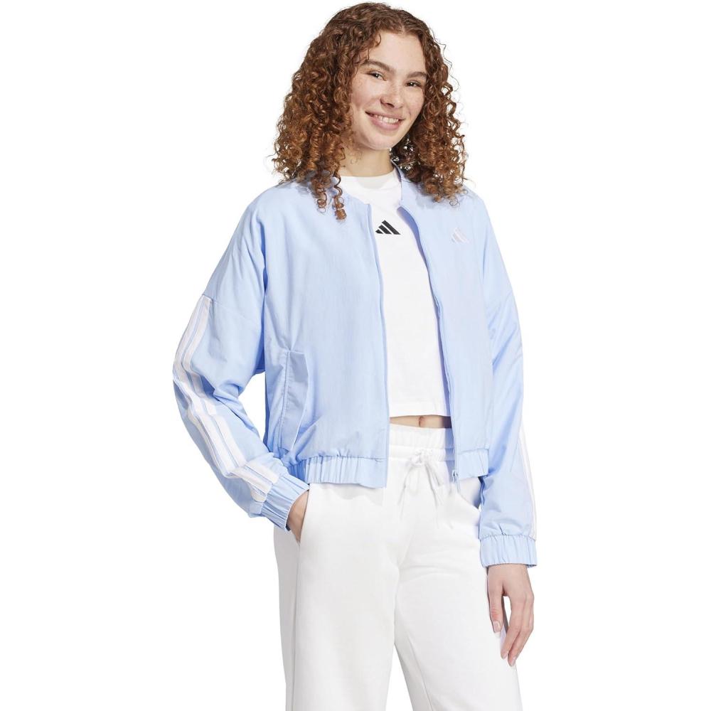 imageadidas Womens Essentials 3Stripes Woven Bomber JacketBlueWhite