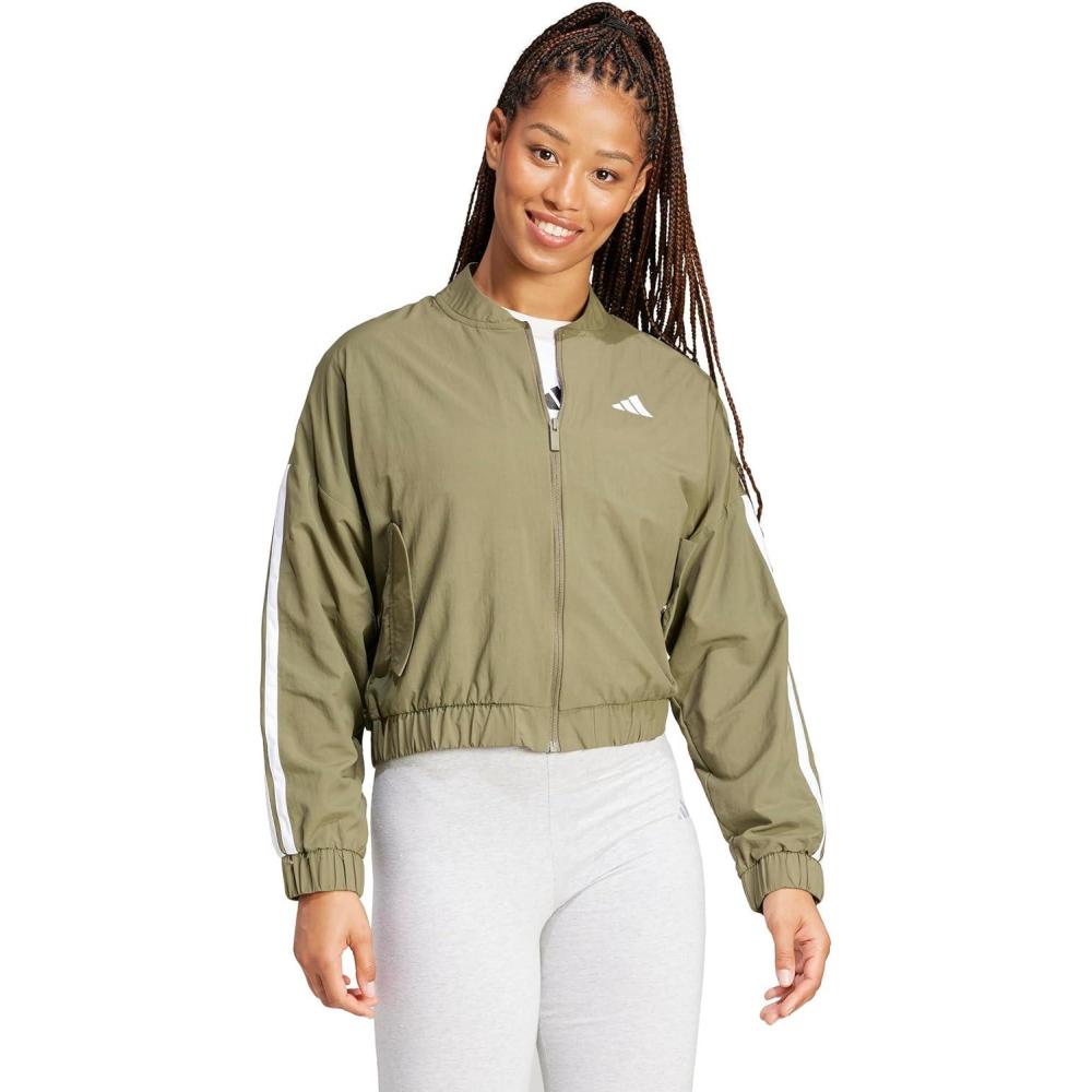 imageadidas Womens Essentials 3Stripes Woven Bomber JacketOlive StrataWhite