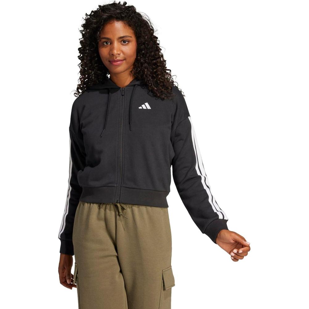 imageadidas womens Essentials 3stripes French Terry Fullzip HoodieBlackWhite