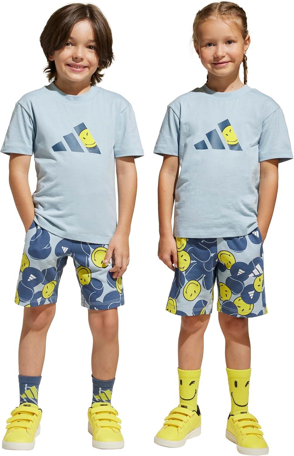 imageadidas Kids Smiley World Shorts Summer SetWonder BluePreloved InkBright YellowWhite