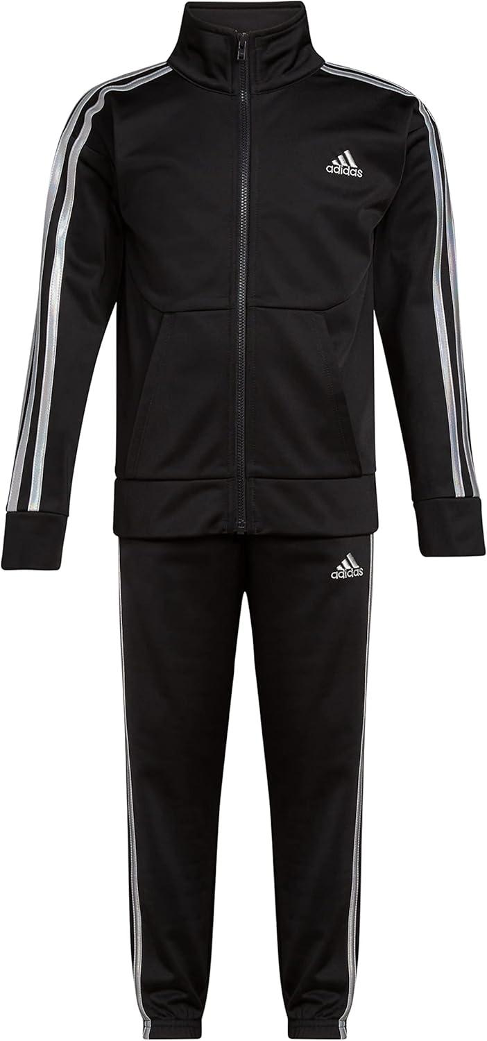 imageadidas Little Girls Zip Front Classic Tricot Jacket and Joggers SetBlackSilver