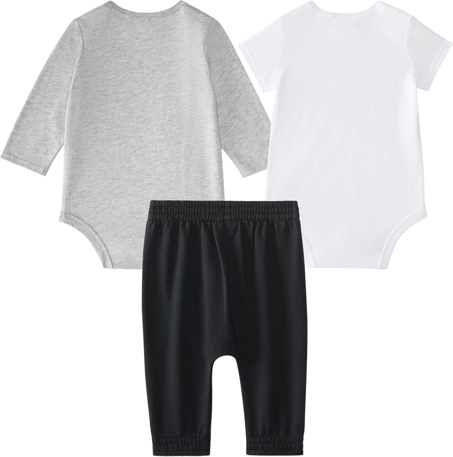 imageadidas babyboys 3piece Linear Logo Heather Bodyshirt ampamp Pant SetGrey With White