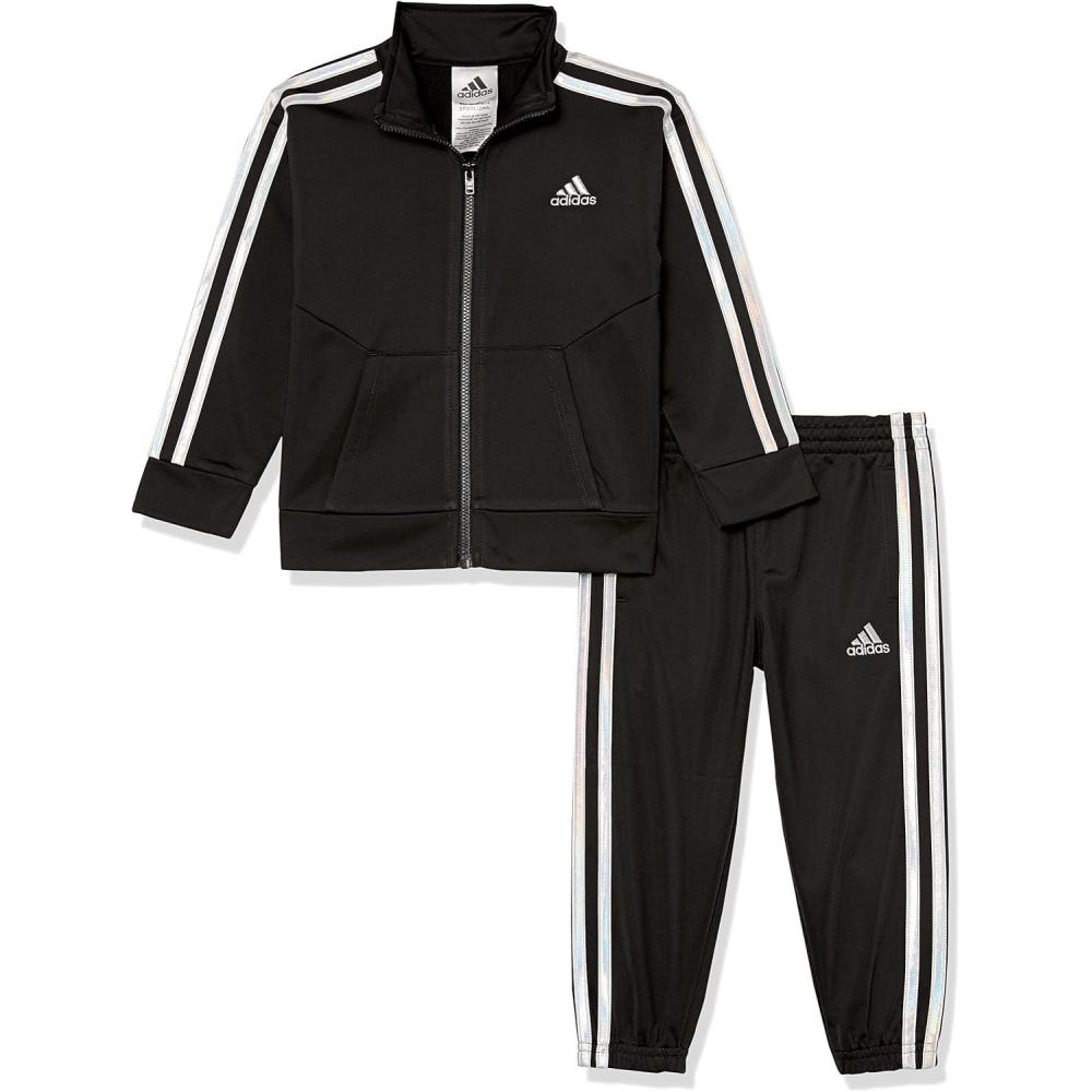 imageadidas Little Girls Zip Front Classic Tricot Jacket and Joggers SetBlackSilver