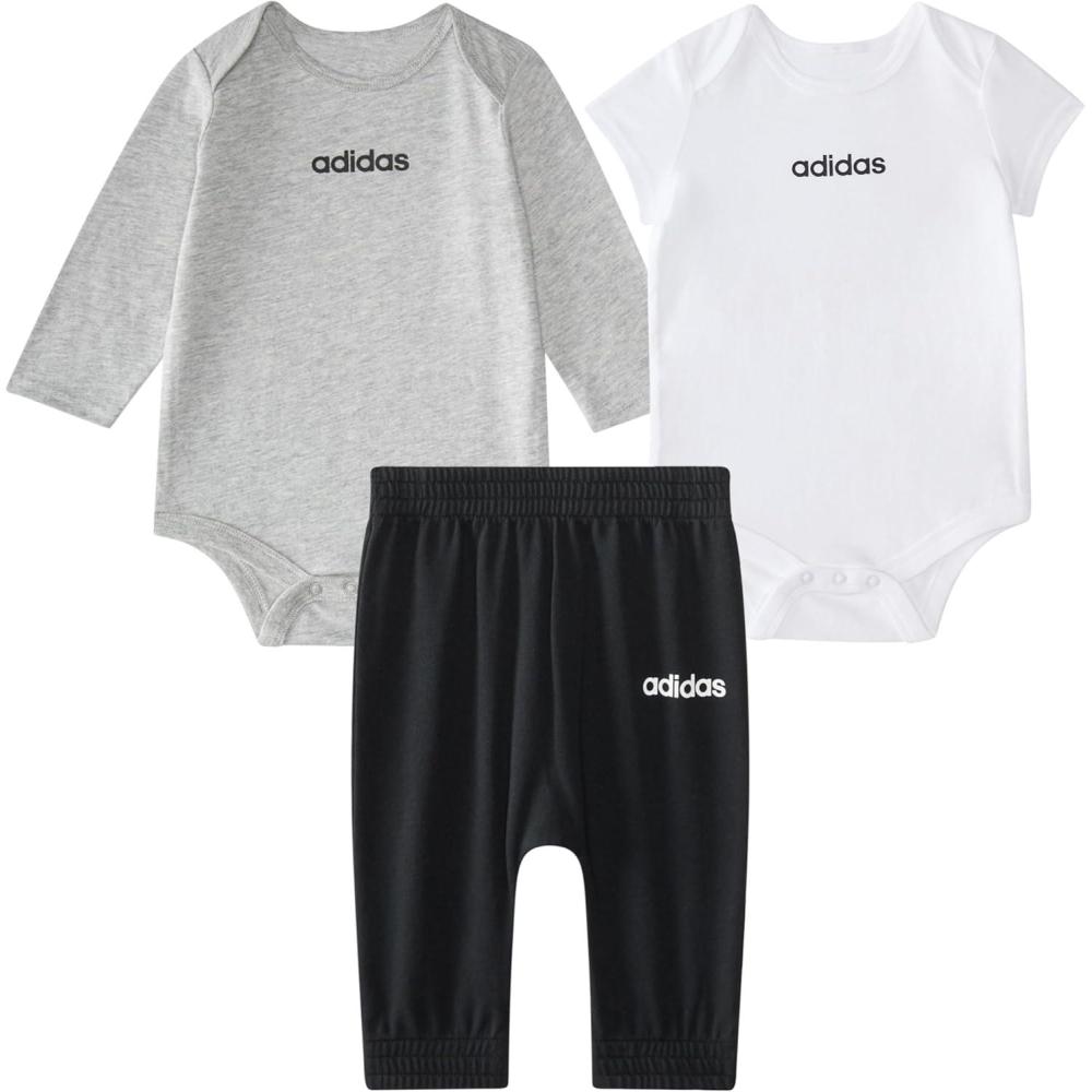 imageadidas babyboys 3piece Linear Logo Heather Bodyshirt ampamp Pant SetGrey With White