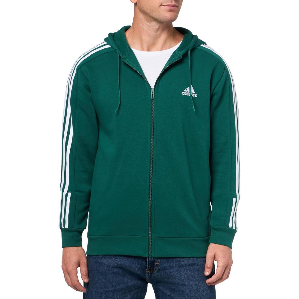imageadidas mens Essentials 3stripes Fleece Full Zip HoodieCollegiate GreenWhite