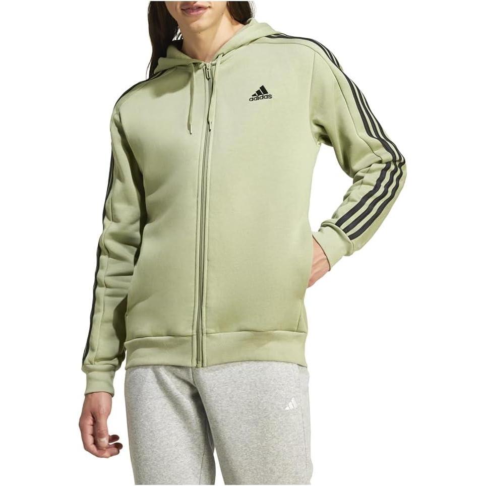 imageadidas mens Essentials 3stripes Fleece Full Zip HoodieTent GreenBlack