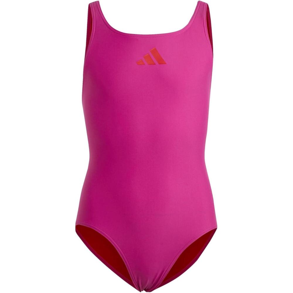 imageadidas Girls Solid Small Logo SwimsuitLucid FuchsiaBetter Scarlet
