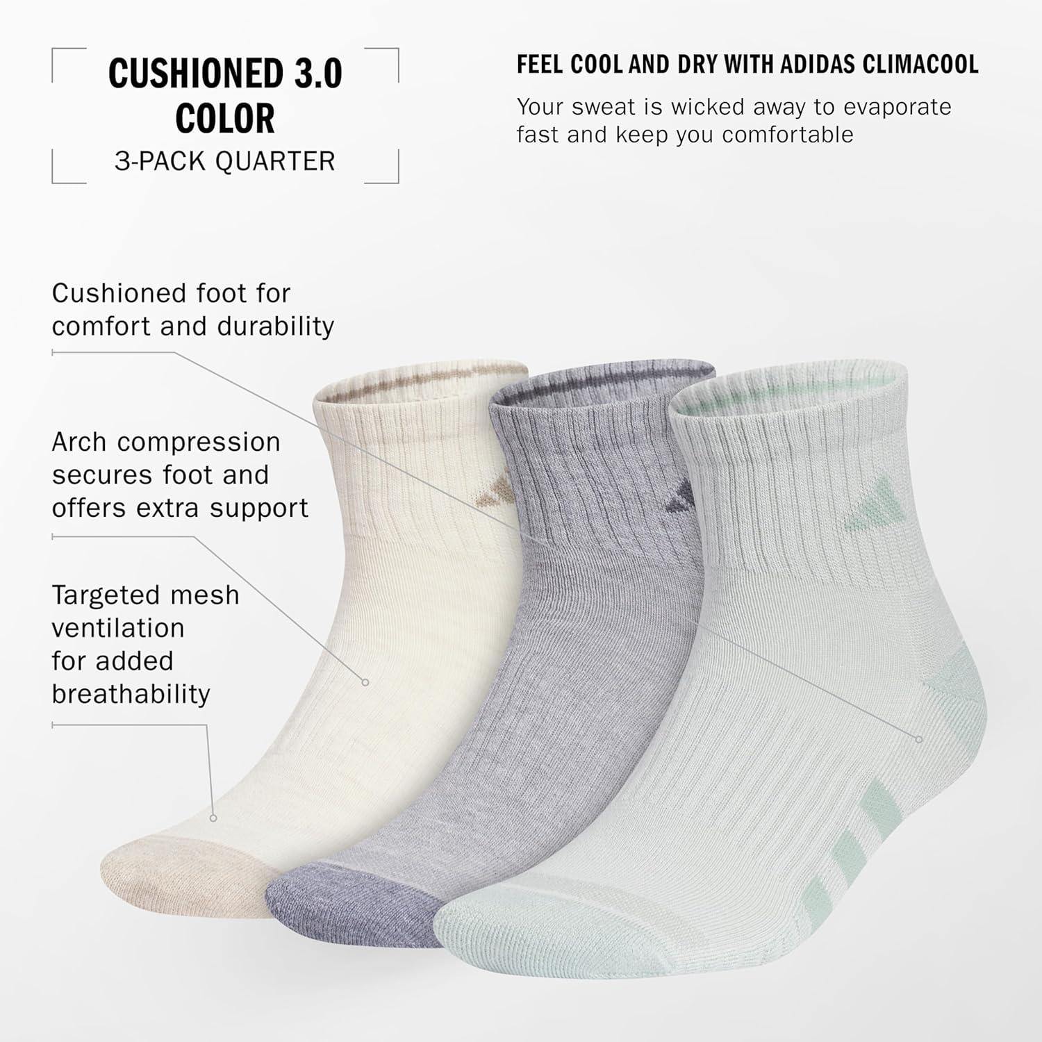 imageadidas mens Cushioned Quarter Ankle Socks 3pair PackAlumina HeatherCool Light HeatherWonder Silver