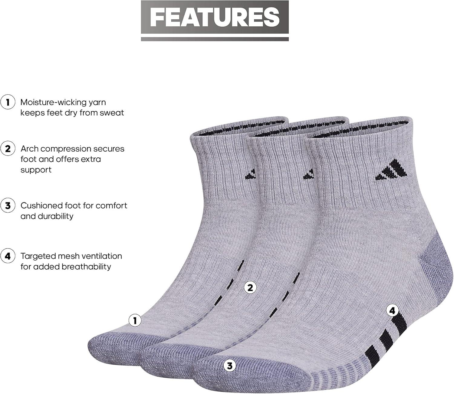 imageadidas mens Cushioned Quarter Ankle Socks 3pair PackCool Light HeatherGreyBlack