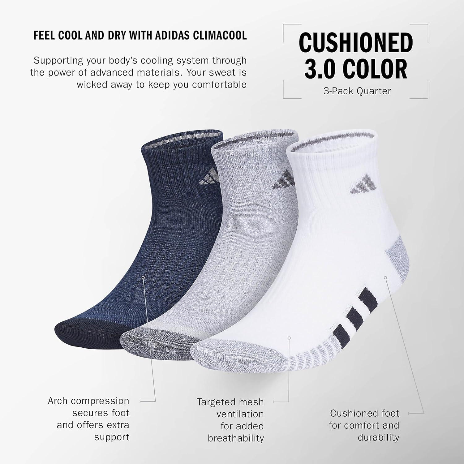 imageadidas mens Cushioned Quarter Ankle Socks 3pair PackLegend Ink BlueGreyWhite