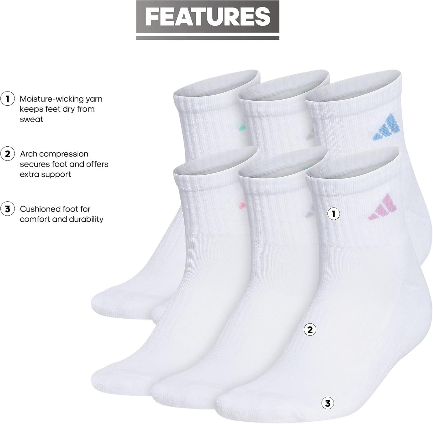 imageadidas womens Athletic Cushioned Quarter Socks With Arch Compression 6pairWhiteClear Sky BlueBliss Lilac Purple