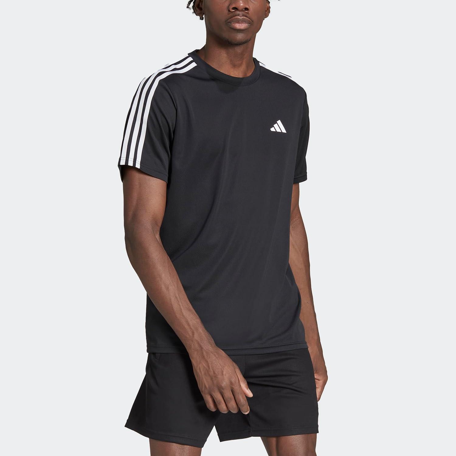imageadidas Mens Essentials Base 3Stripes Training TShirtBlackWhite