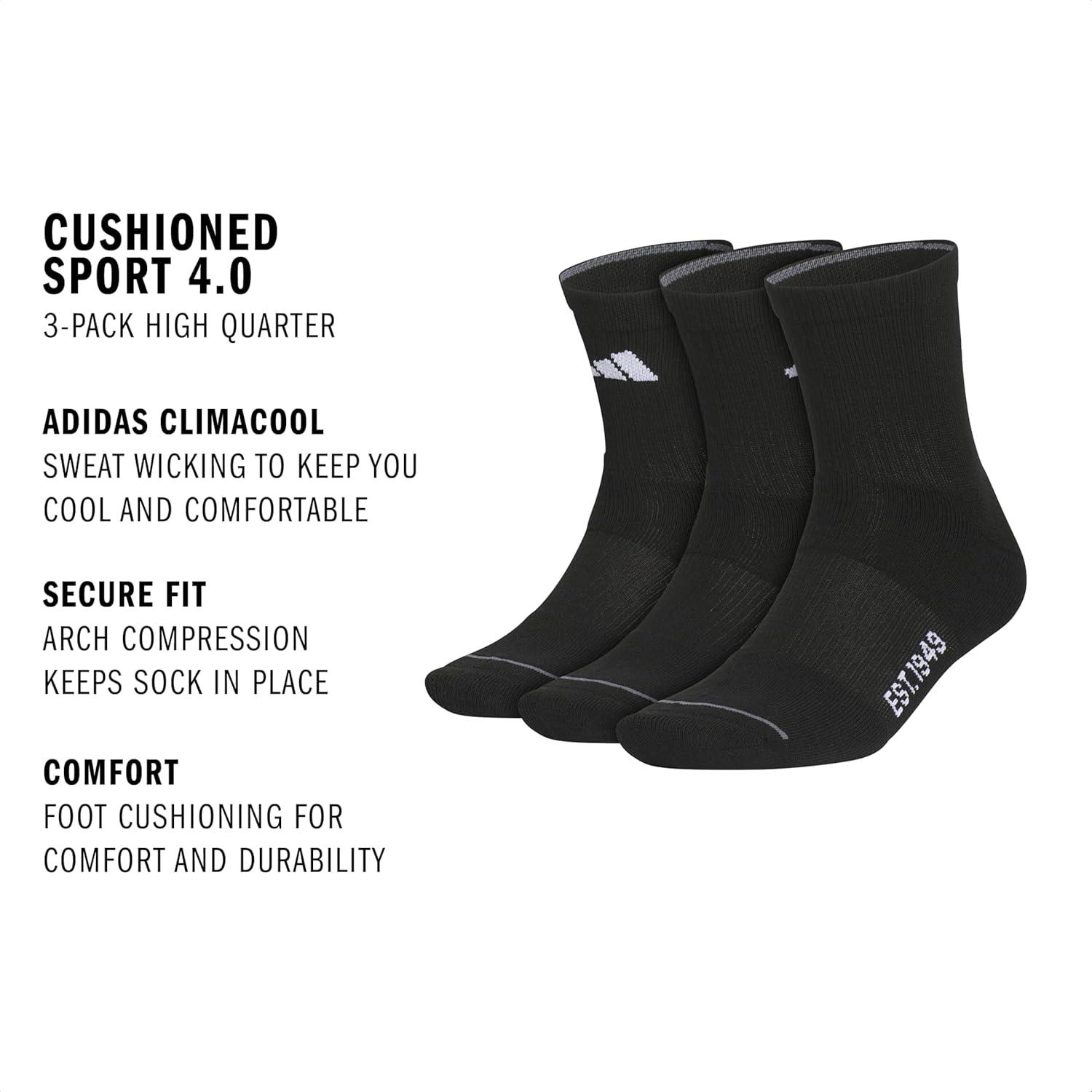 imageAdidas Mens Cushioned Sport High Quarter Socks 3Pair Pack MidCrew Above AnkleBlackWhiteOnix Grey