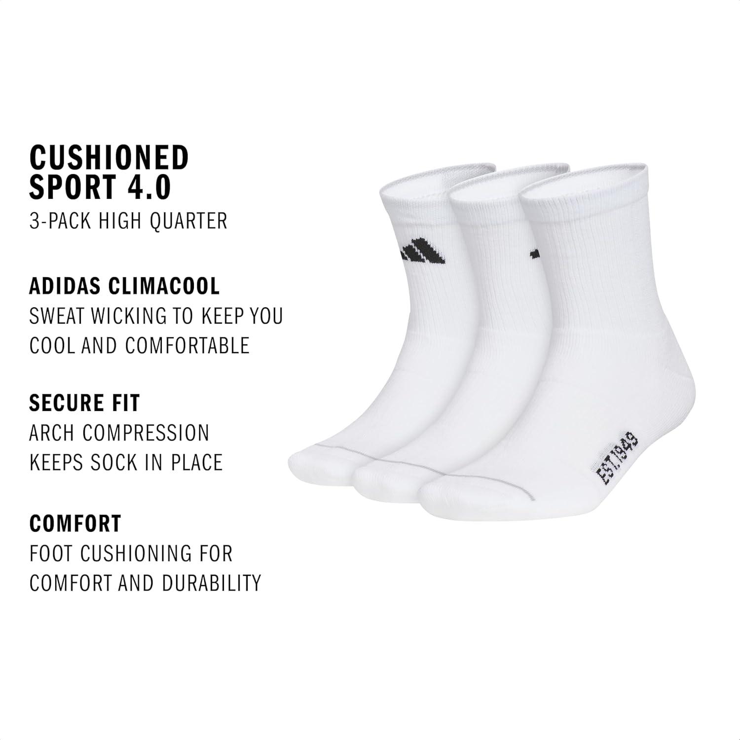 imageAdidas Mens Cushioned Sport High Quarter Socks 3Pair Pack MidCrew Above AnkleWhiteBlackClear Onix Grey