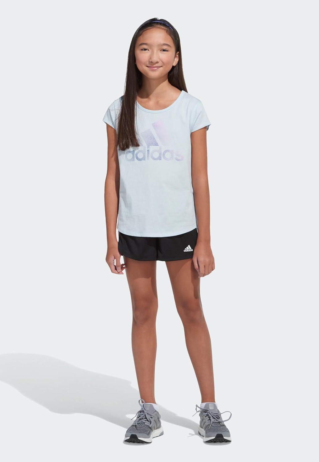 imageadidas Girls Short Sleeve Cotton Scoop Neck Tee TShirtSky Tint