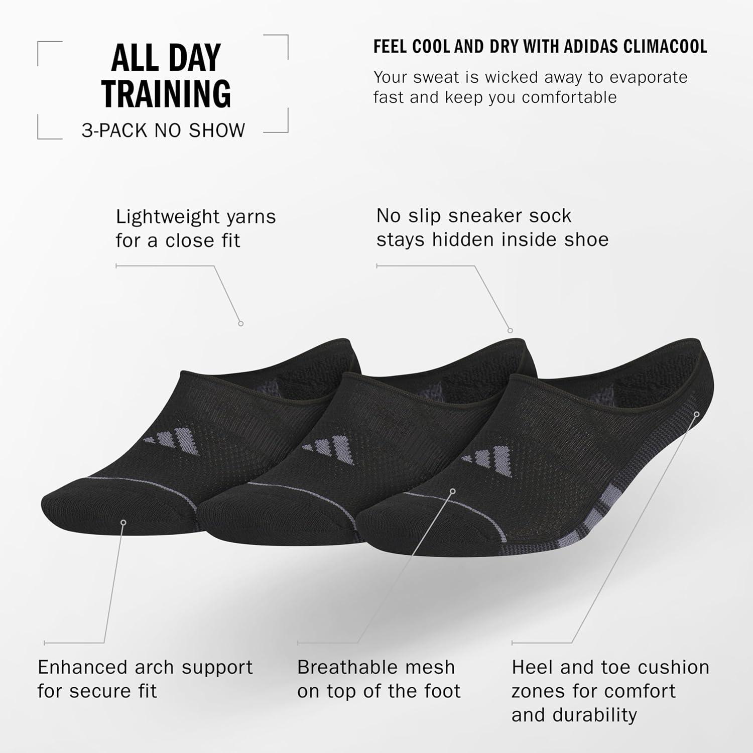 imageadidas Mens All Day Training Super No Show Socks sport performance liner height socks for running 3PairBlackOnix GreyNight Grey