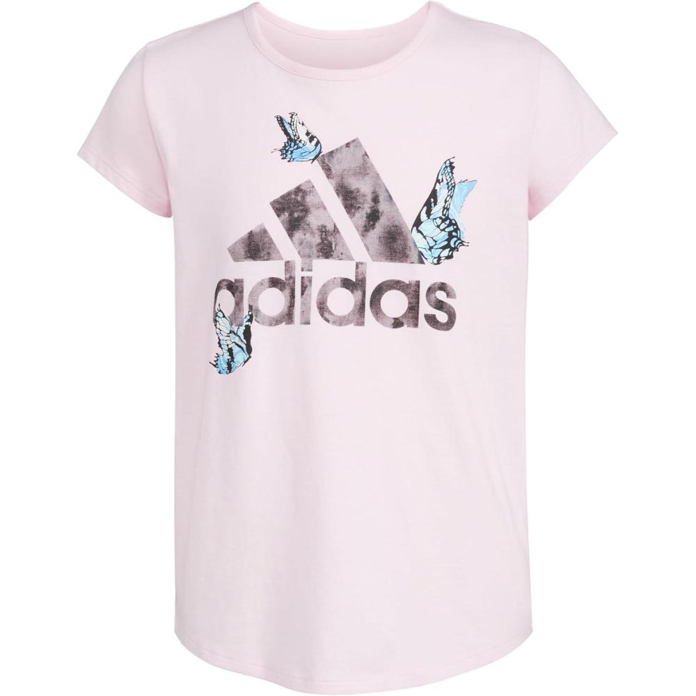 imageadidas Girls Short Sleeve Cotton Scoop Neck Tee TShirtLight Pink W Butterflies