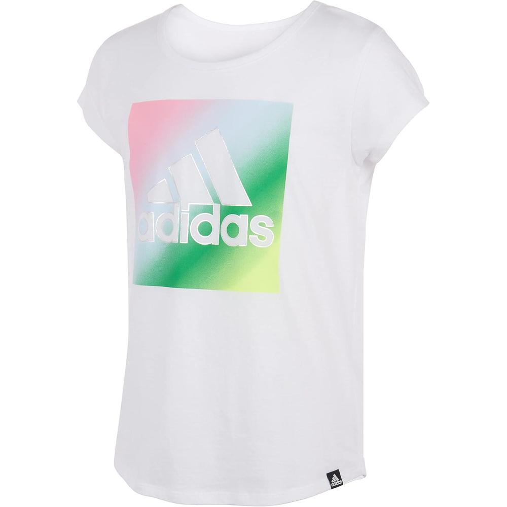 imageadidas Girls Short Sleeve Cotton Scoop Neck Tee TShirtWhite With Multicolor