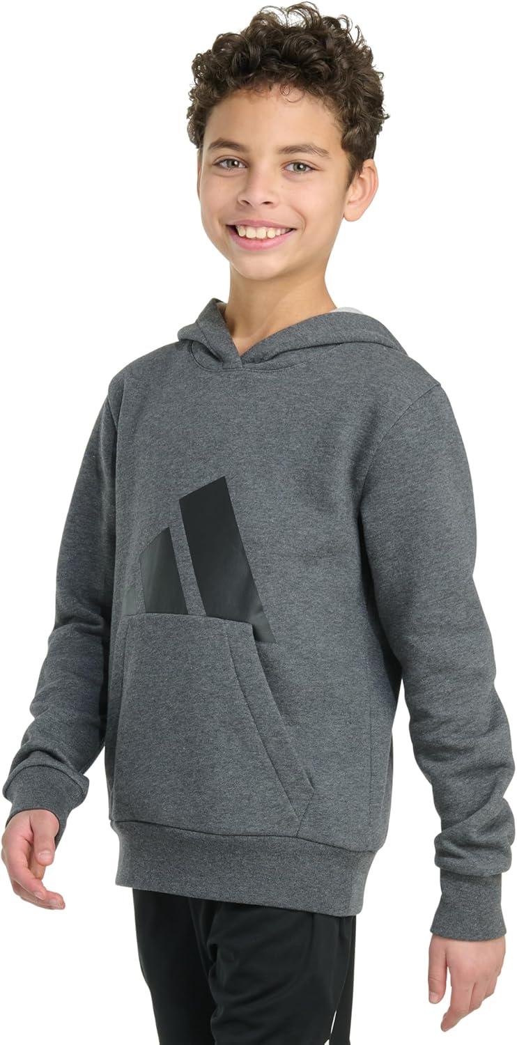imageadidas Boys Long Sleeve Essential Linear Embroidered Fleece Pullover HoodieDark Grey Heather