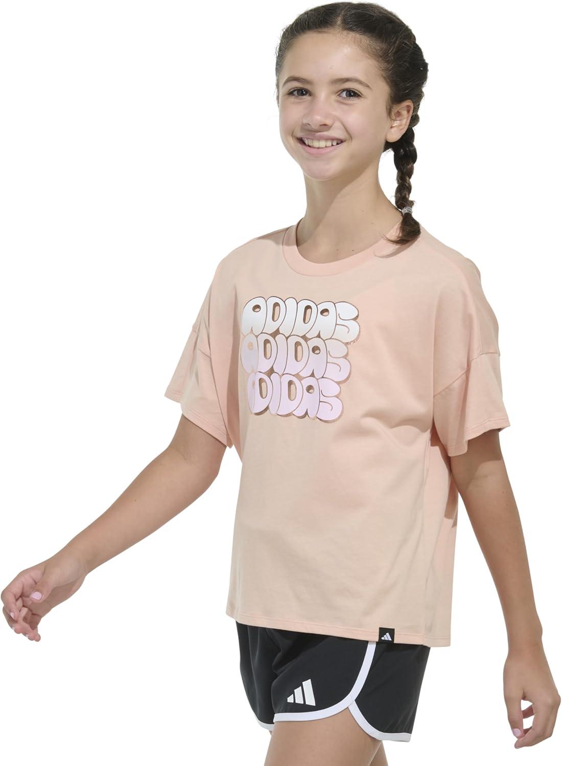 imageadidas Girls Short Sleeve Drop Shoulder Graphic Tee ShirtPowder Coral