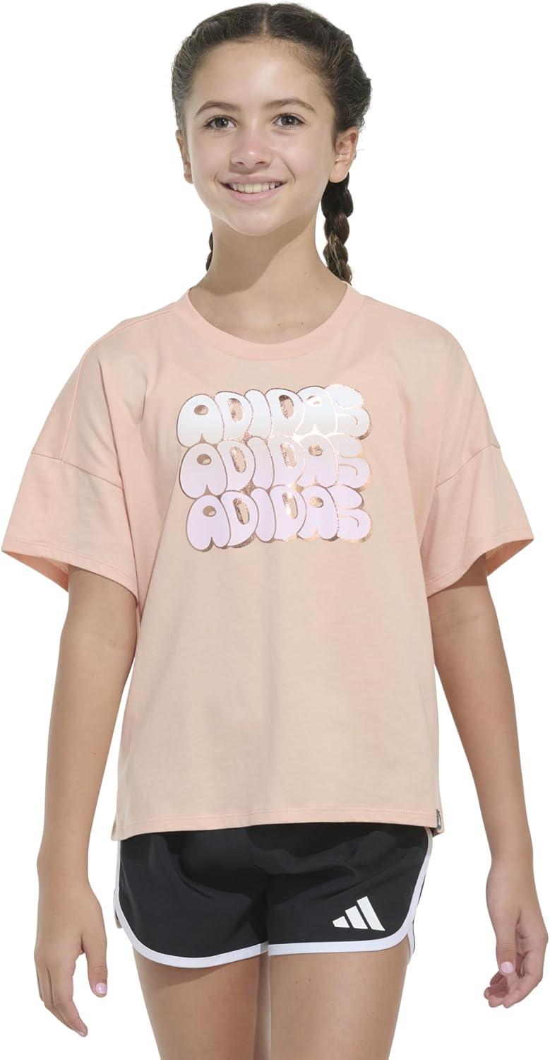 imageadidas Girls Short Sleeve Drop Shoulder Graphic Tee ShirtPowder Coral
