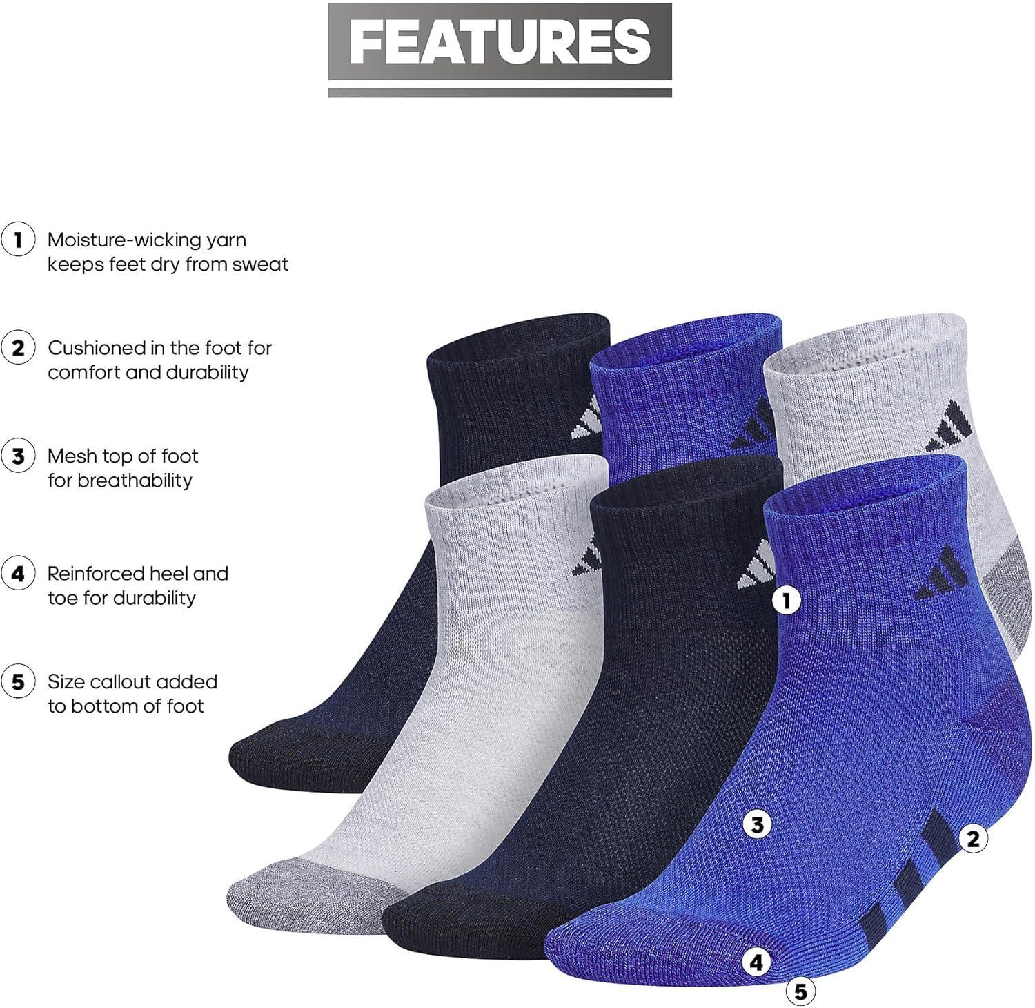 imageadidas Unisex Kids Quarter Ankle Socks for Boys and Girls Youth 6Pack Athletic Cushioned and ComfortableCool Light HeatherCollegiate NavySemi Lucid Blue