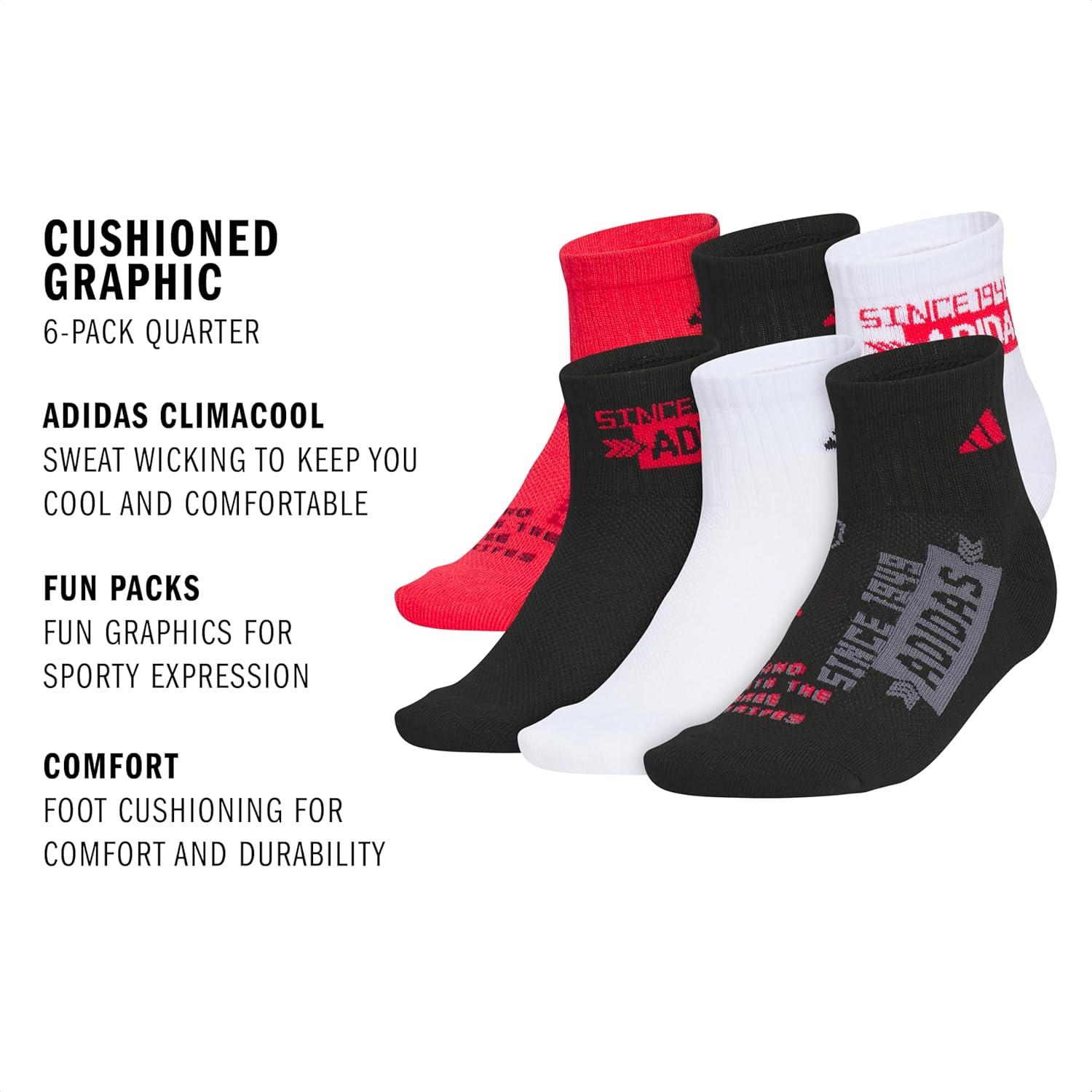 imageadidas Unisex Kids Quarter Ankle Socks for Boys and Girls Youth 6Pack Athletic Cushioned and ComfortablePure Ruby RedBlackWhiteGraphic