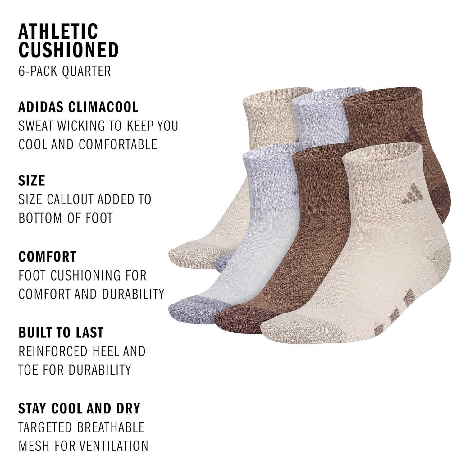 imageadidas Unisex Kids Quarter Ankle Socks for Boys and Girls Youth 6Pack Athletic Cushioned and ComfortableWonder BeigeCool Light HeatherEarth Strata Brown