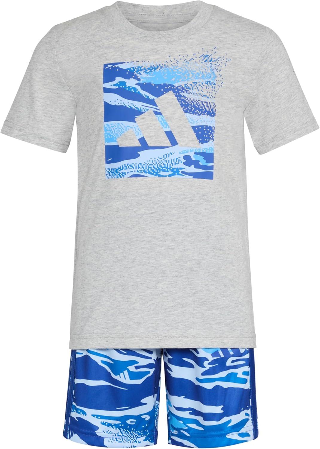 imageadidas boys Short Sleeve Cotton Heather Tee Shirt and Aop Camo Short SetMedium Grey Heather