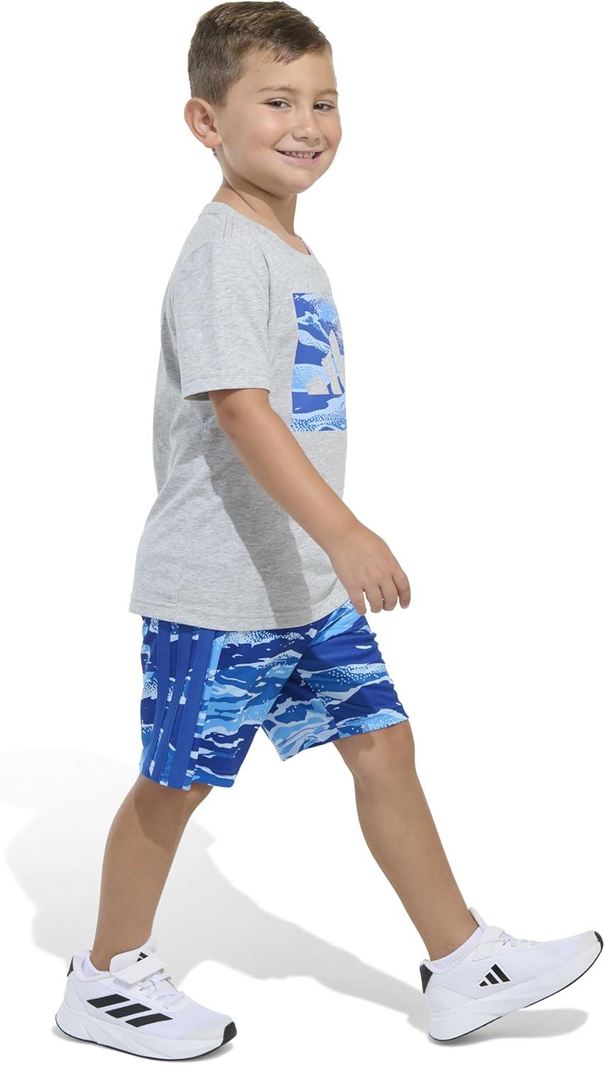 imageadidas boys Short Sleeve Cotton Heather Tee Shirt and Aop Camo Short SetMedium Grey Heather