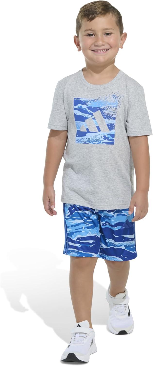 imageadidas boys Short Sleeve Cotton Heather Tee Shirt and Aop Camo Short SetMedium Grey Heather