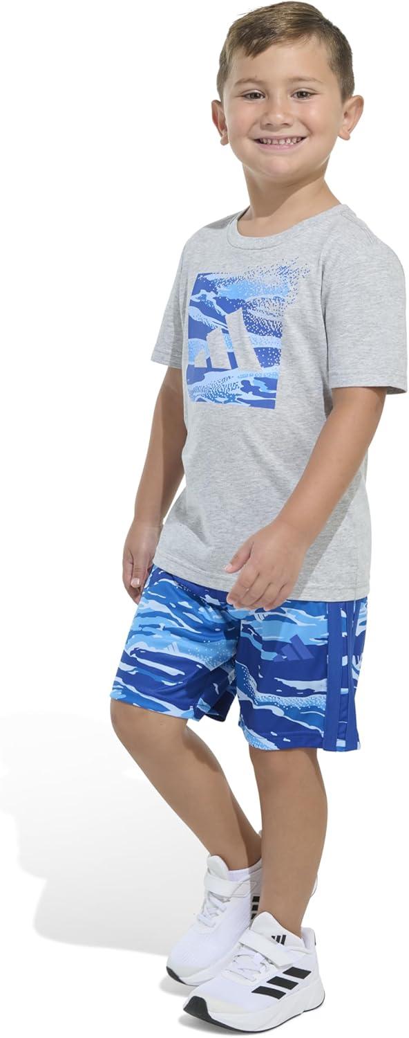 imageadidas boys Short Sleeve Cotton Heather Tee Shirt and Aop Camo Short SetMedium Grey Heather