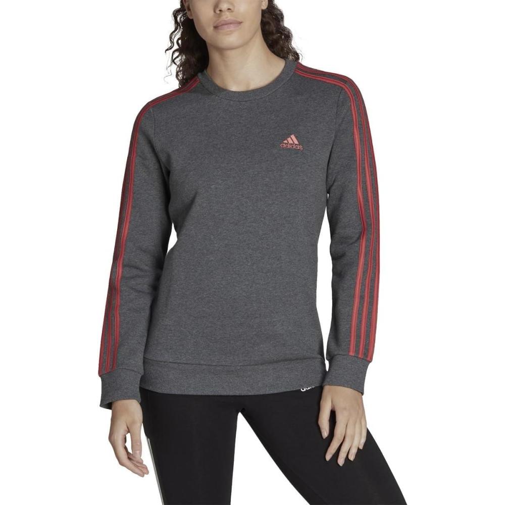 imageadidas Womens Essentials 3Stripes Fleece SweatshirtDark Gray Heatherwonder Red