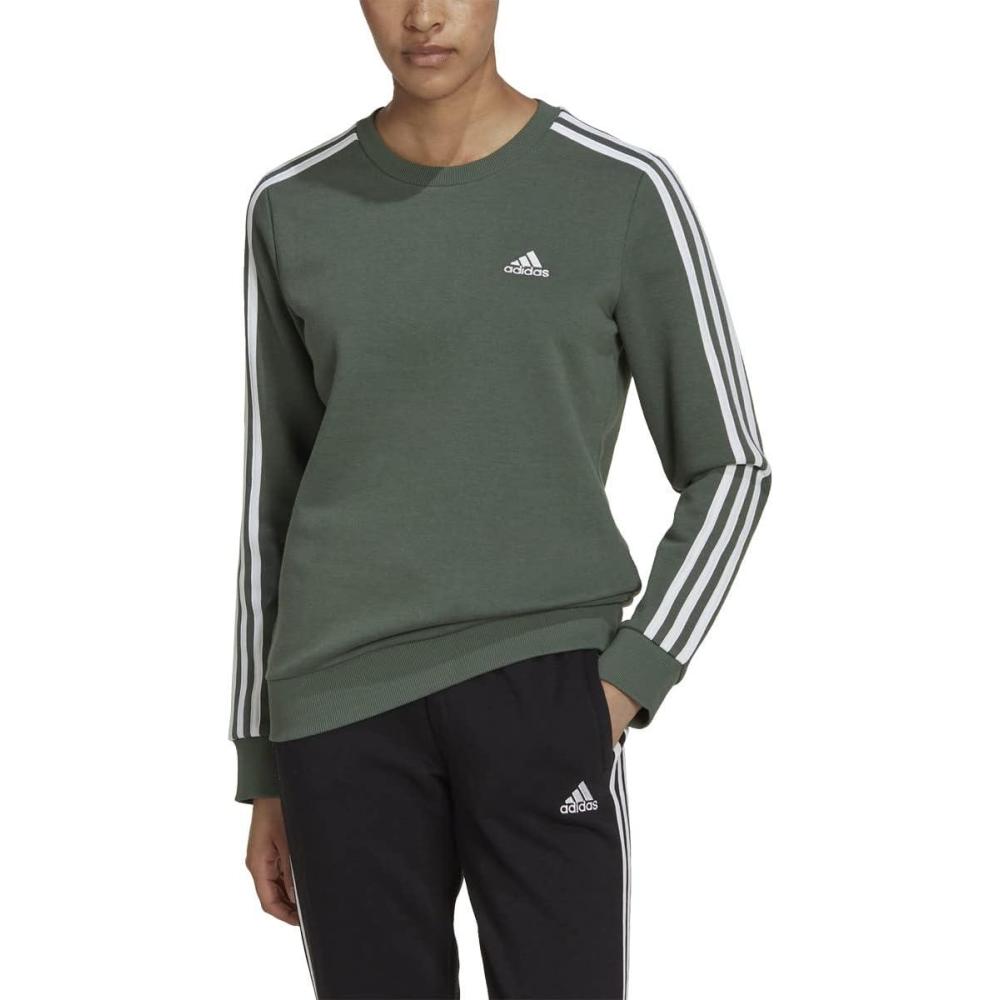 imageadidas Womens Essentials 3Stripes Fleece SweatshirtGreen Oxidewhite