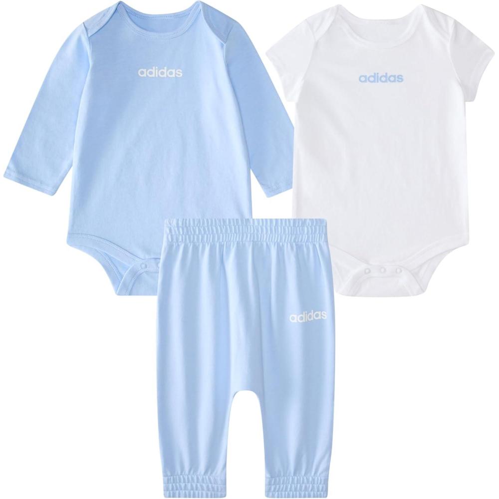 imageadidas babyboys 3piece Linear Logo Bodyshirt ampamp Pant SetBlue With White