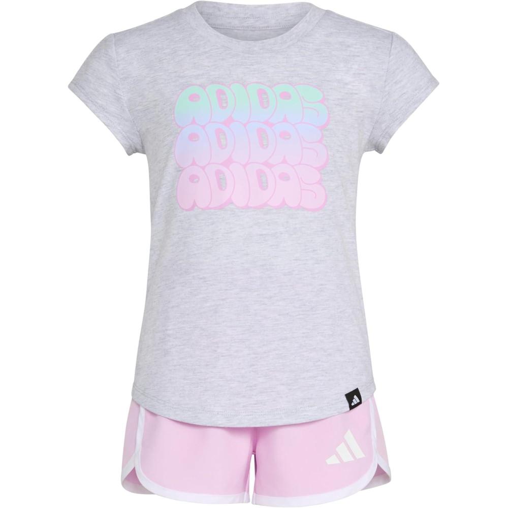imageadidas babygirls Cap Sleeve Heather Tee Shirt and Woven Short SetLight Grey Heather